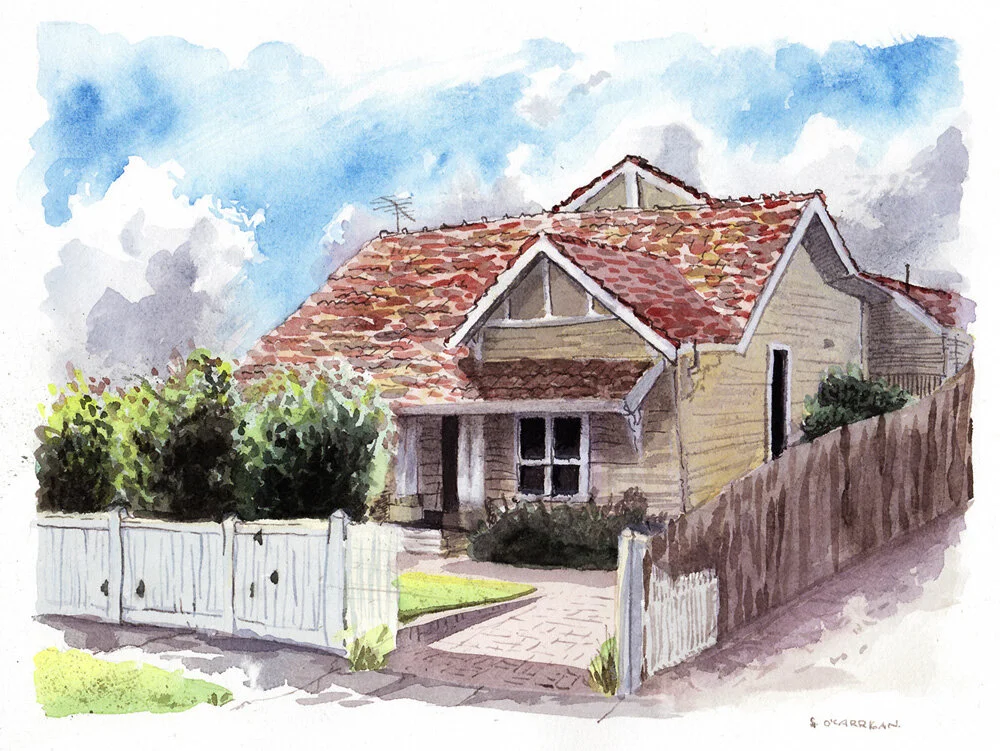 Hampton House. A private artwork commission completed in ink and watercolour by Simon O'Carrigan.