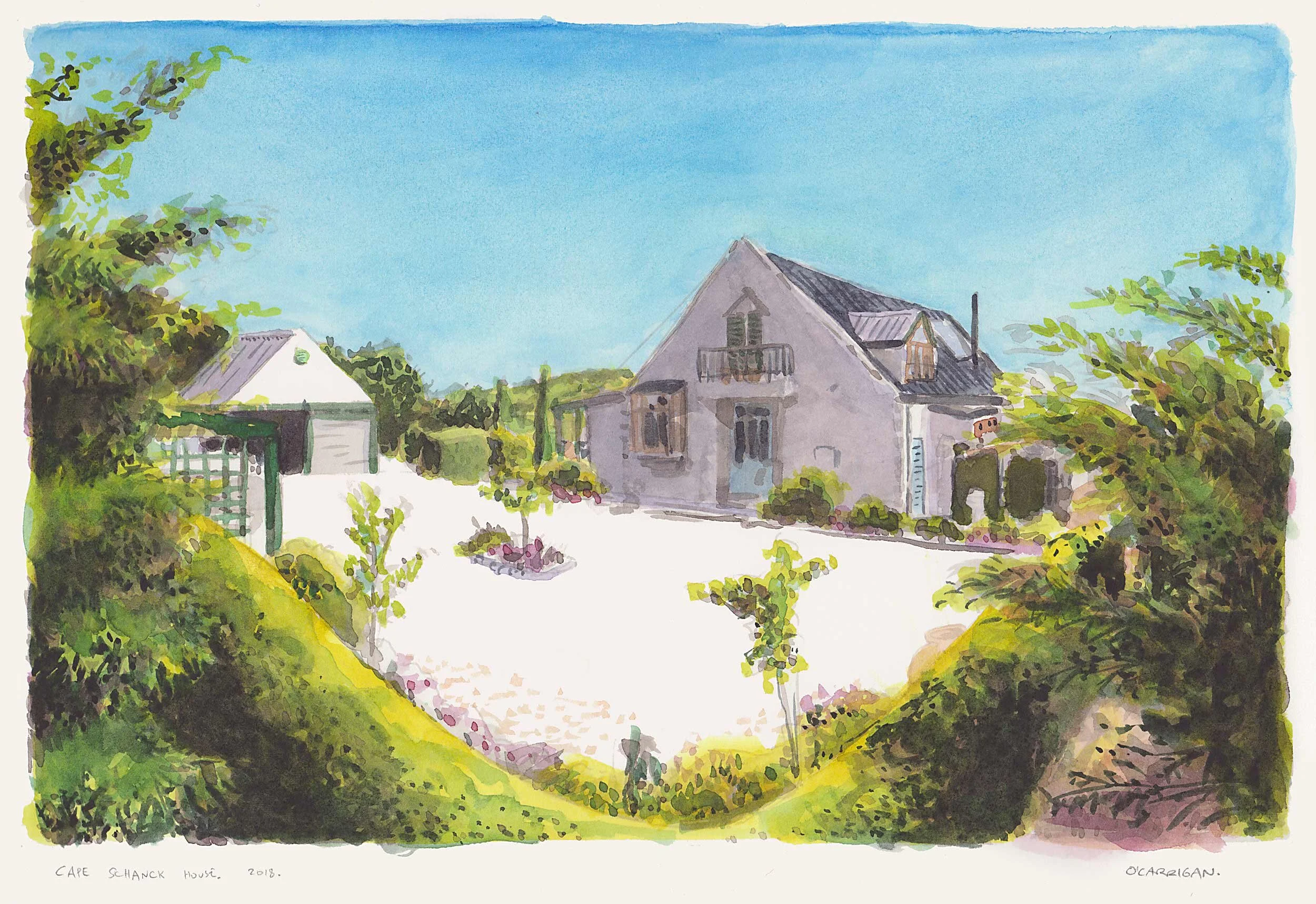 Cape Schanck House. A private artwork commission completed in ink and watercolour by Simon O'Carrigan.