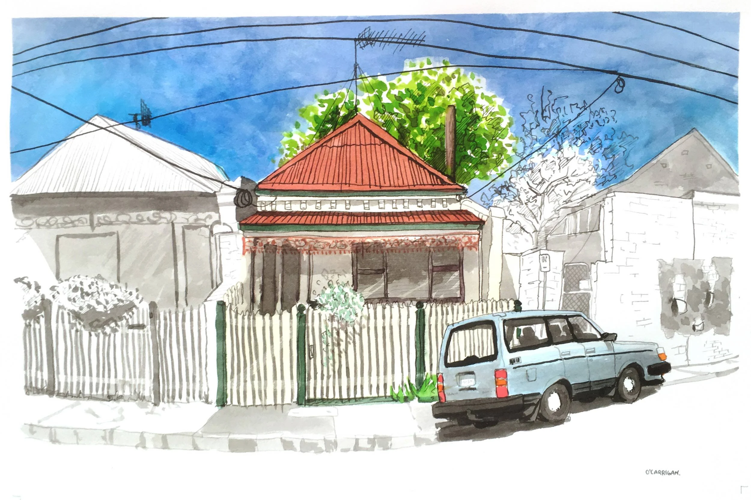 Collingwood House. A private artwork commission completed in ink and watercolour by Simon O'Carrigan.