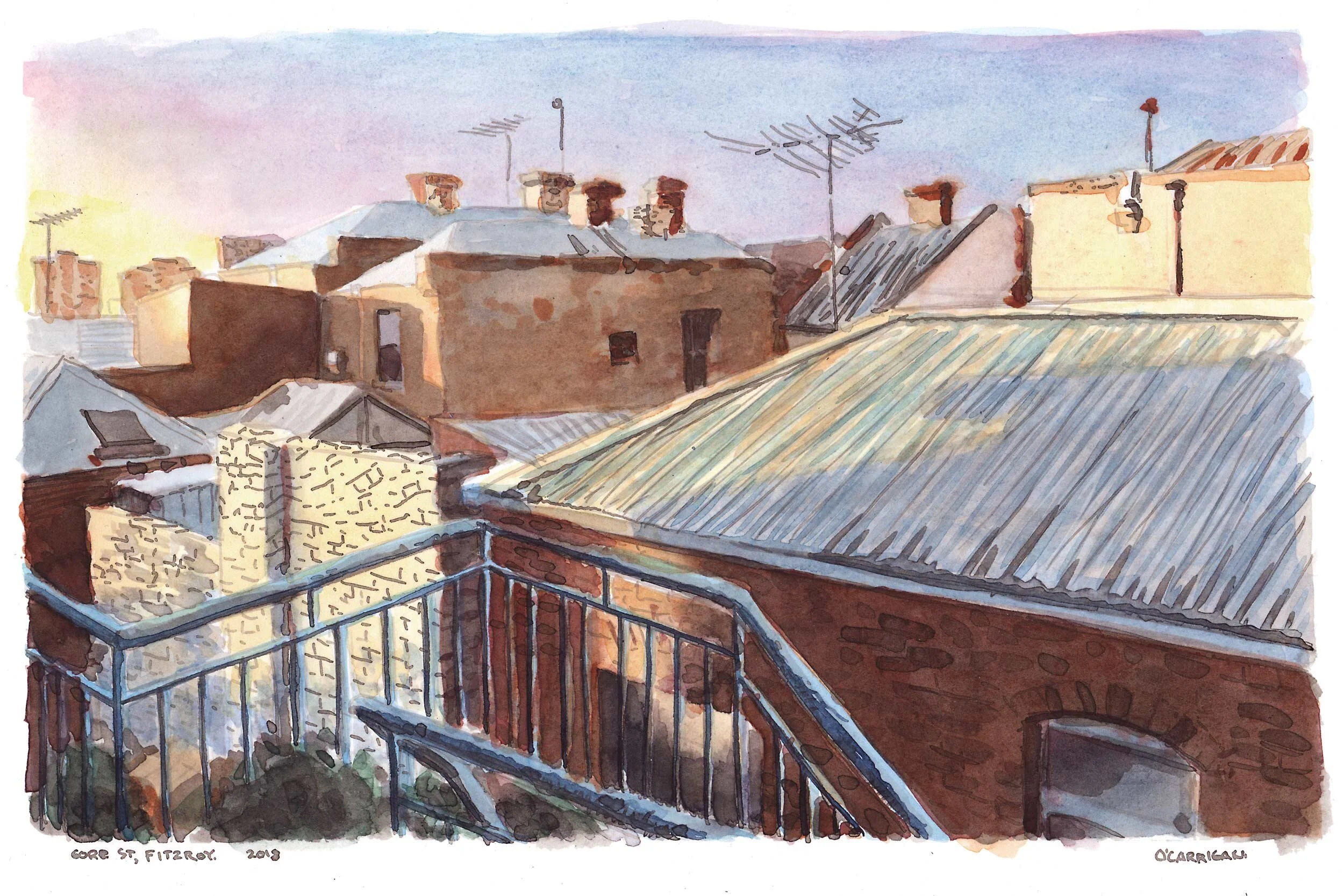 Fitzroy Rooftops. A private artwork commission completed in ink and watercolour by Simon O'Carrigan.