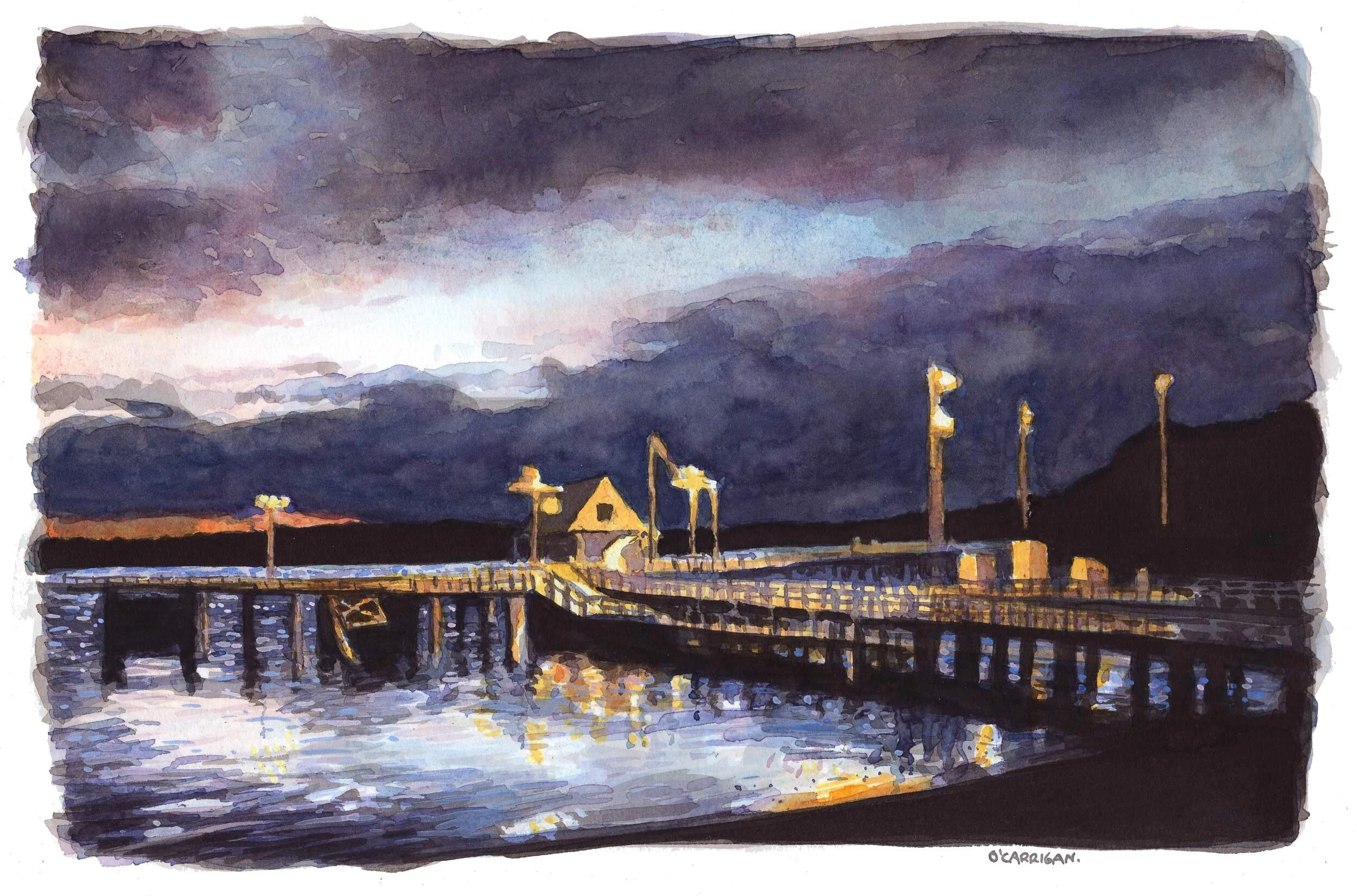 Russell Pier. A private artwork commission completed in ink and watercolour by Simon O'Carrigan.
