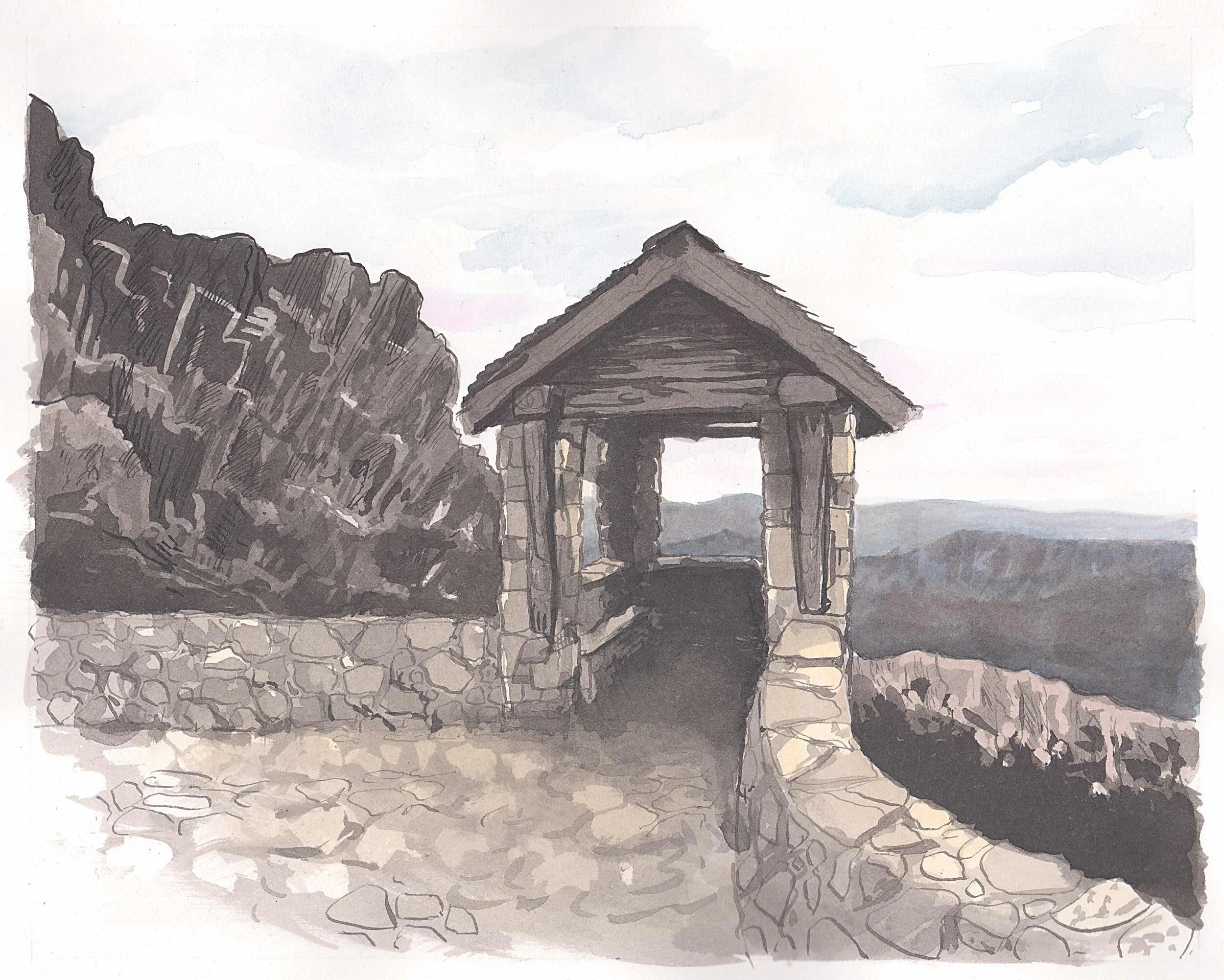 Mount Buffallo. A private artwork commission completed in ink and watercolour by Simon O'Carrigan.