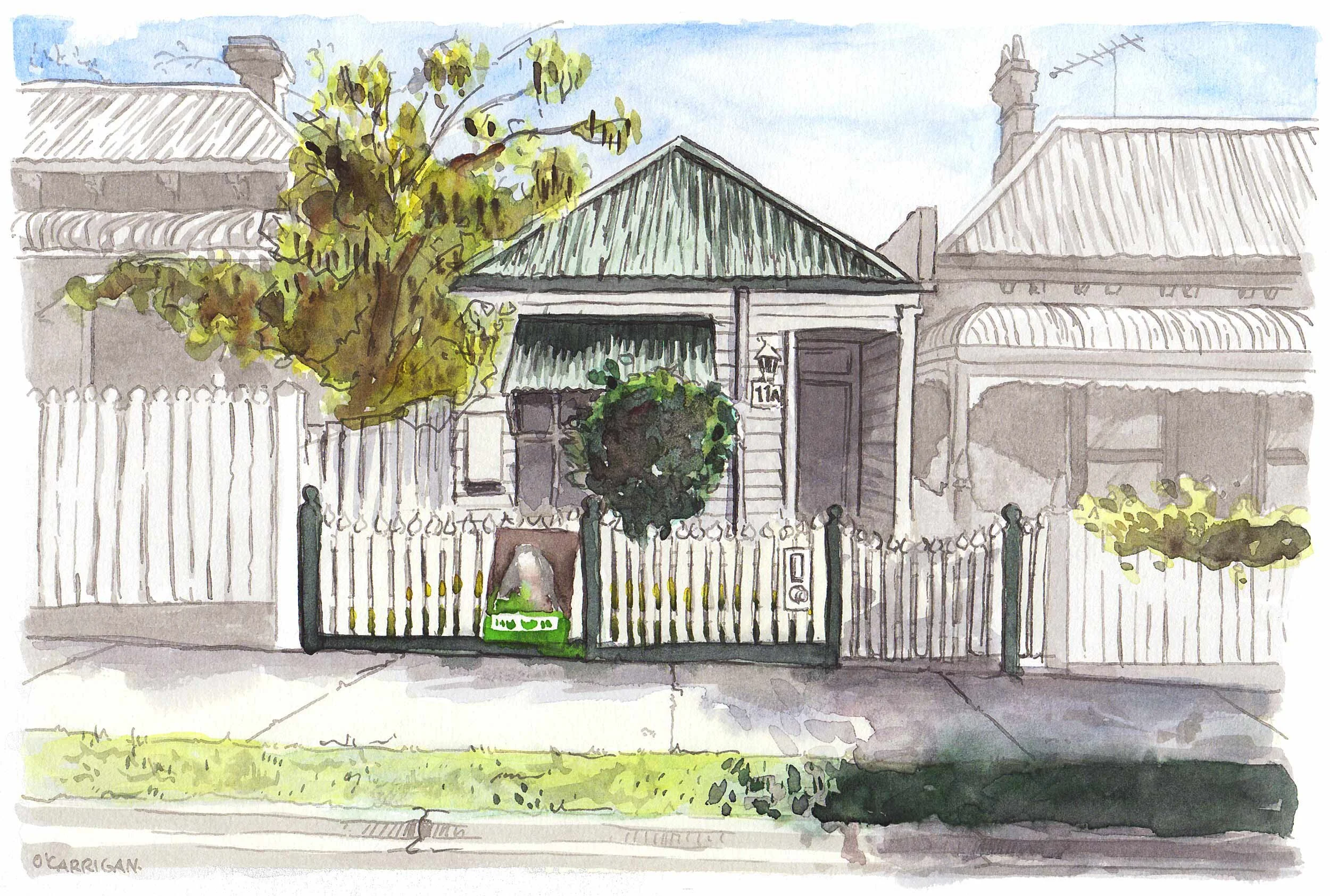 Preston House. A private artwork commission completed in ink and watercolour by Simon O'Carrigan.