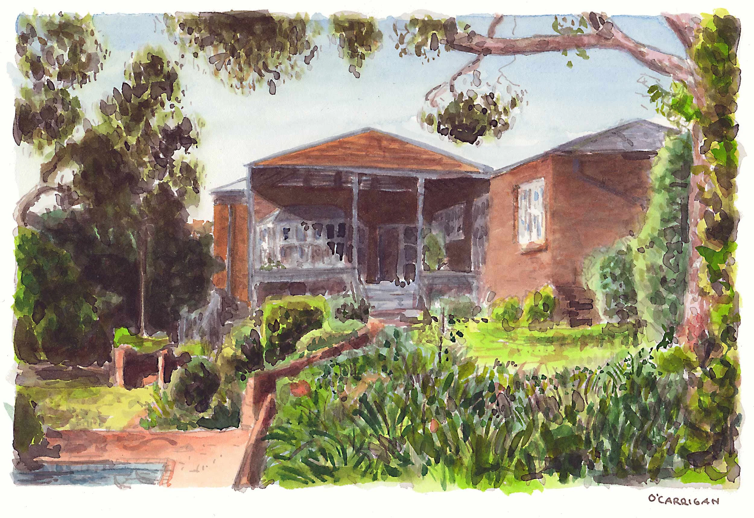 Sunbury House. A private artwork commission completed in ink and watercolour by Simon O'Carrigan.