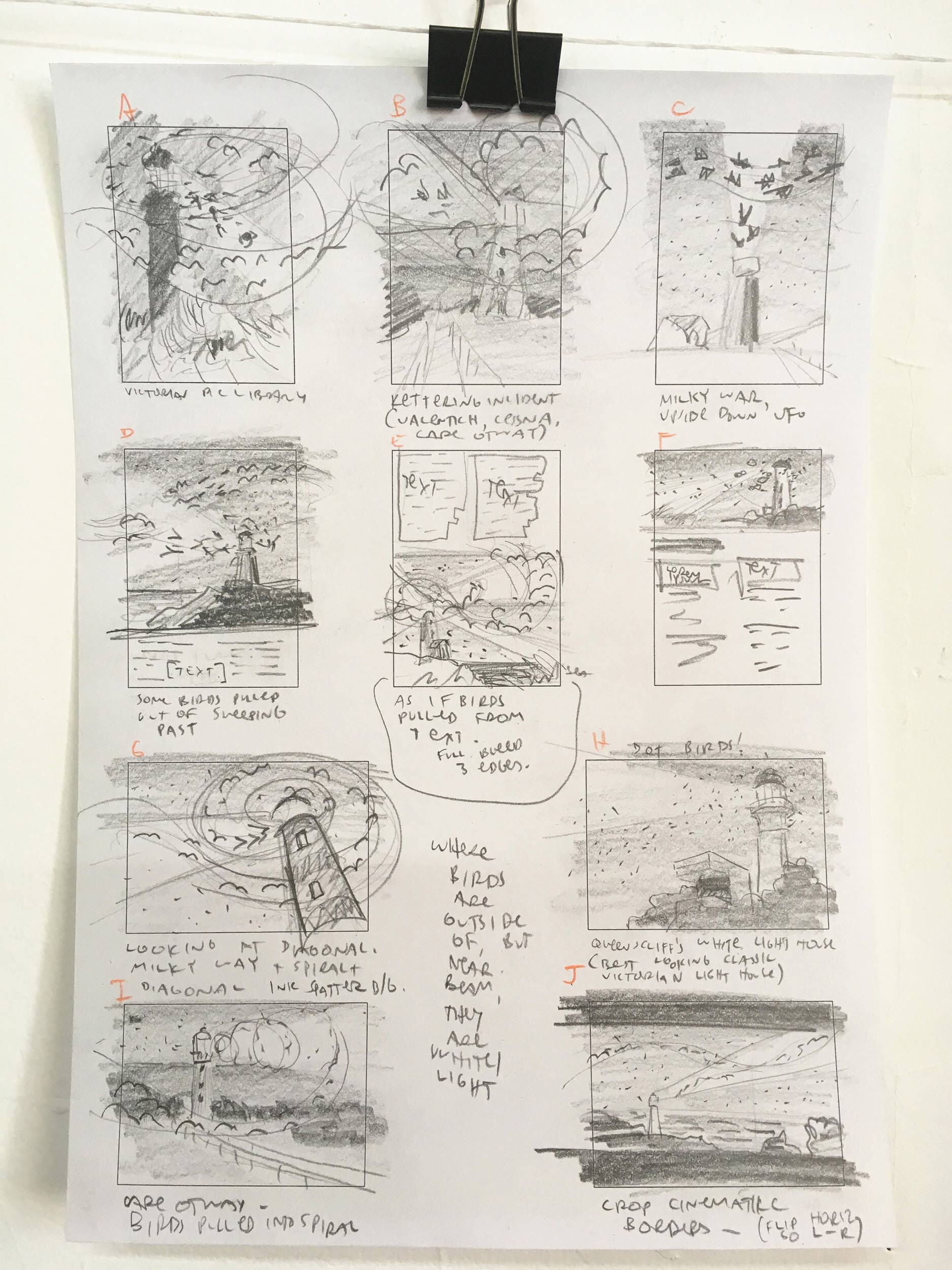 Thumbnails forming the early stage of selecting for developing an editorial illustration.