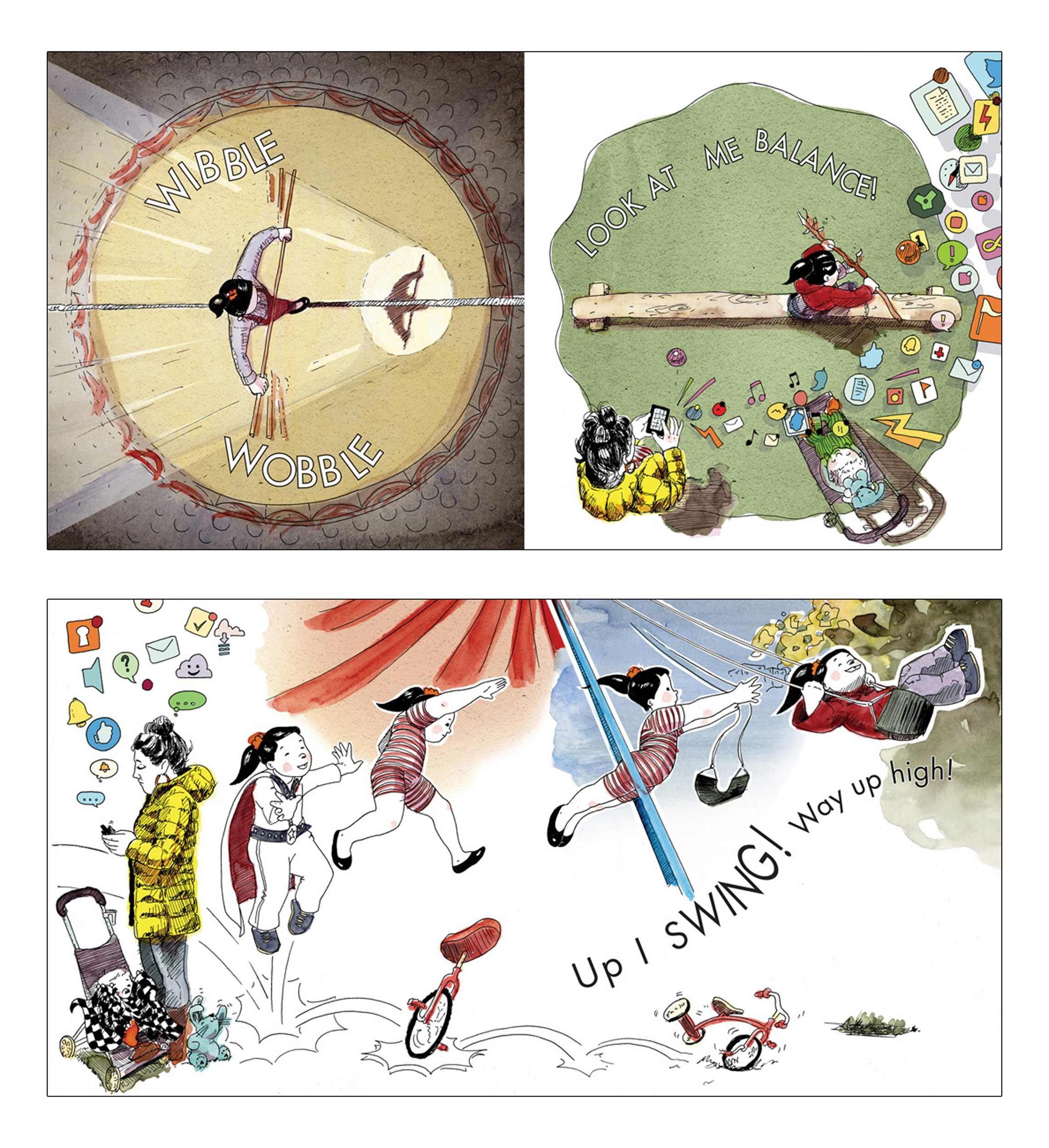 Sample spreads from the picture book Playground Circus, illustrated by Simon O'Carrigan.