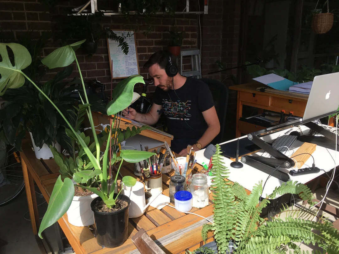 Simon O'Carrigan's temporary 'stay home' illustration studio in 