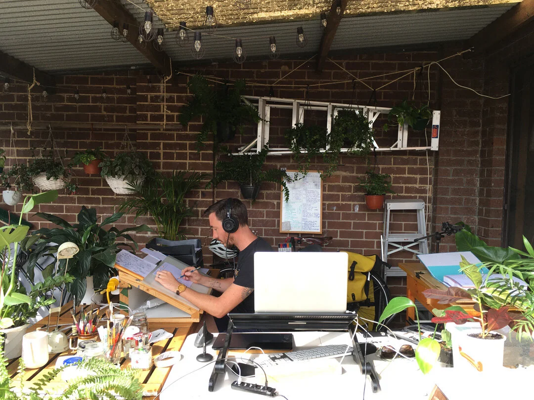 Simon O'Carrigan's temporary 'stay home' illustration studio in 