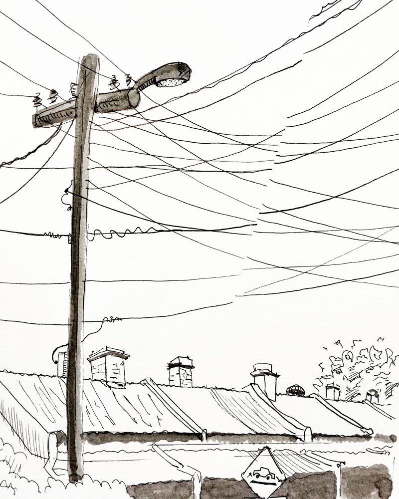 Experimental ink sketch of power lines of Melbourne's inner north, as viewed through the fragmented images of Google Street View. © Simon O'Carrigan, 2022.