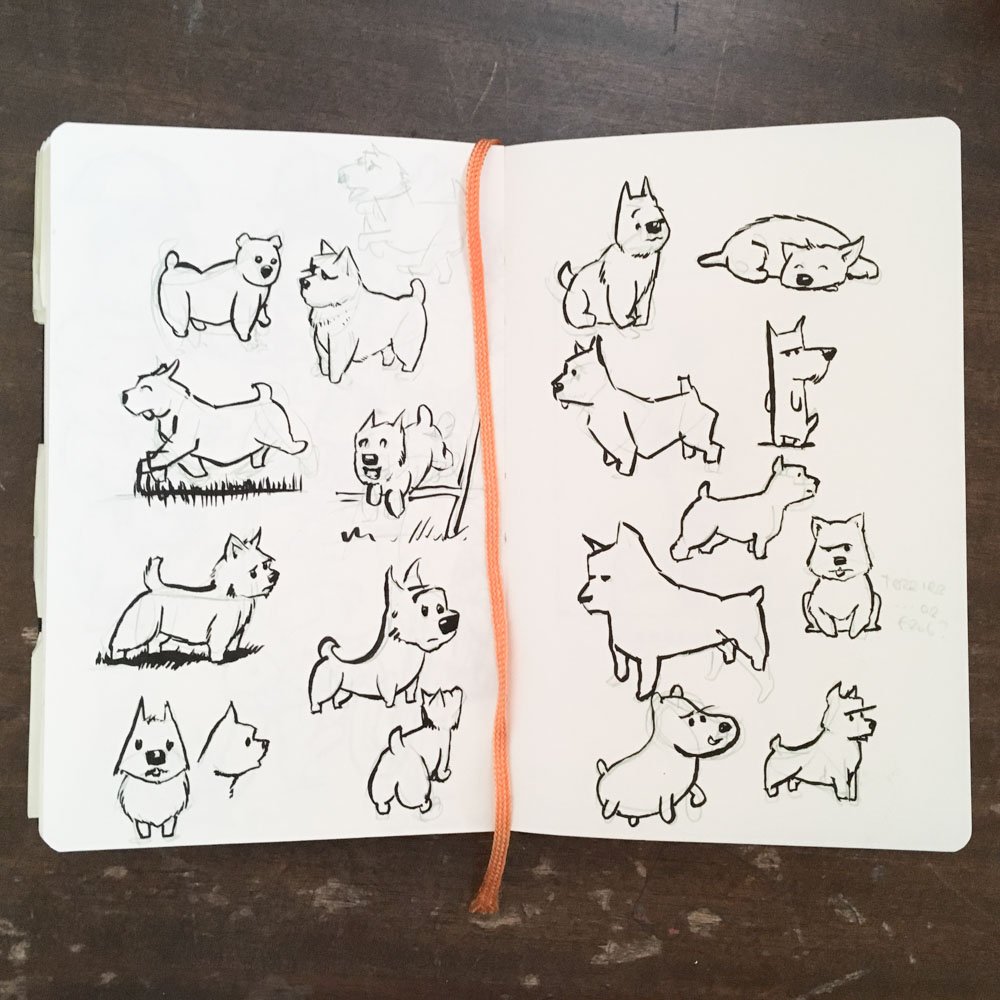 Early picture book character design concepts sketched with ink. © Simon O'Carrigan, 2022.