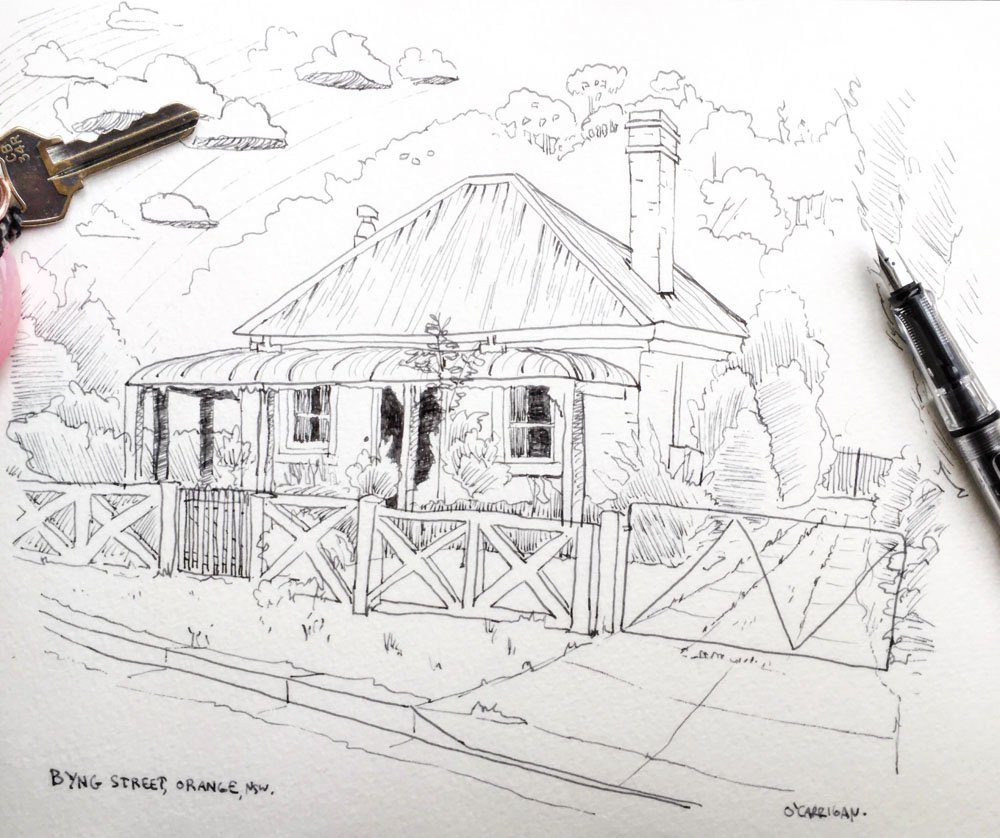 Pen and ink drawing of a charming bed and breakfast home in Orange, New South Wales. © Simon O'Carrigan, 2022.