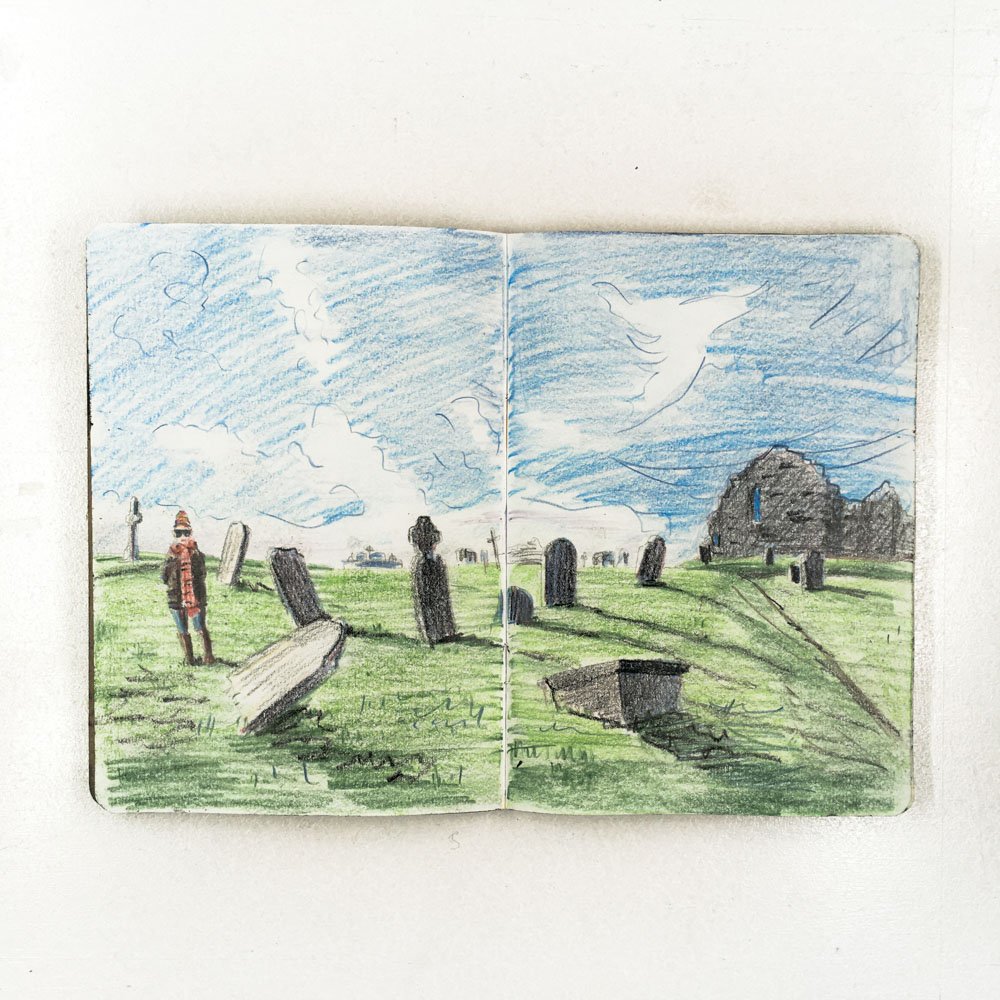 A page from a sketchbook charting the Black Summer bushfires in Australia, in which my father was trapped, as seen from travelling at a distance through my Grandfather's home of Ireland. The sketchbook was drawn in colour pencil and ink, and is in th