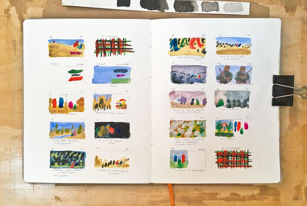 Early picture book storyboard thumbnail concepts sketched with gouache. © Simon O'Carrigan, 2022.