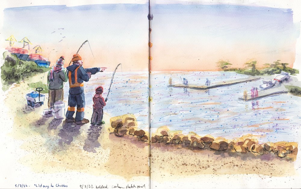 Early picture book design concepts sketched with colour pencil and watercolour. © Simon O'Carrigan, 2022.