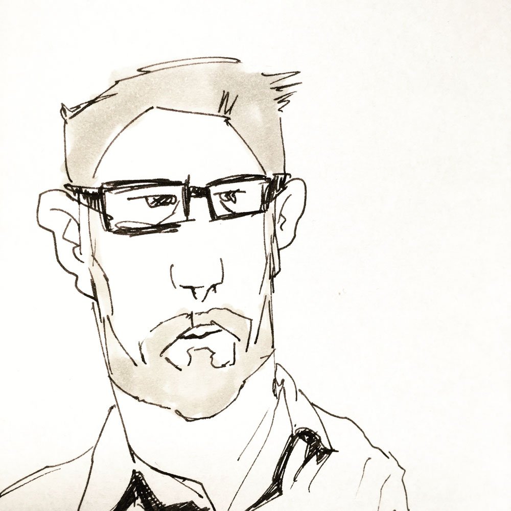 A portrait sketch drawn with ink pen and alcohol marker. From a sketchbook by Simon O'Carrigan © Simon O'Carrigan 2022.