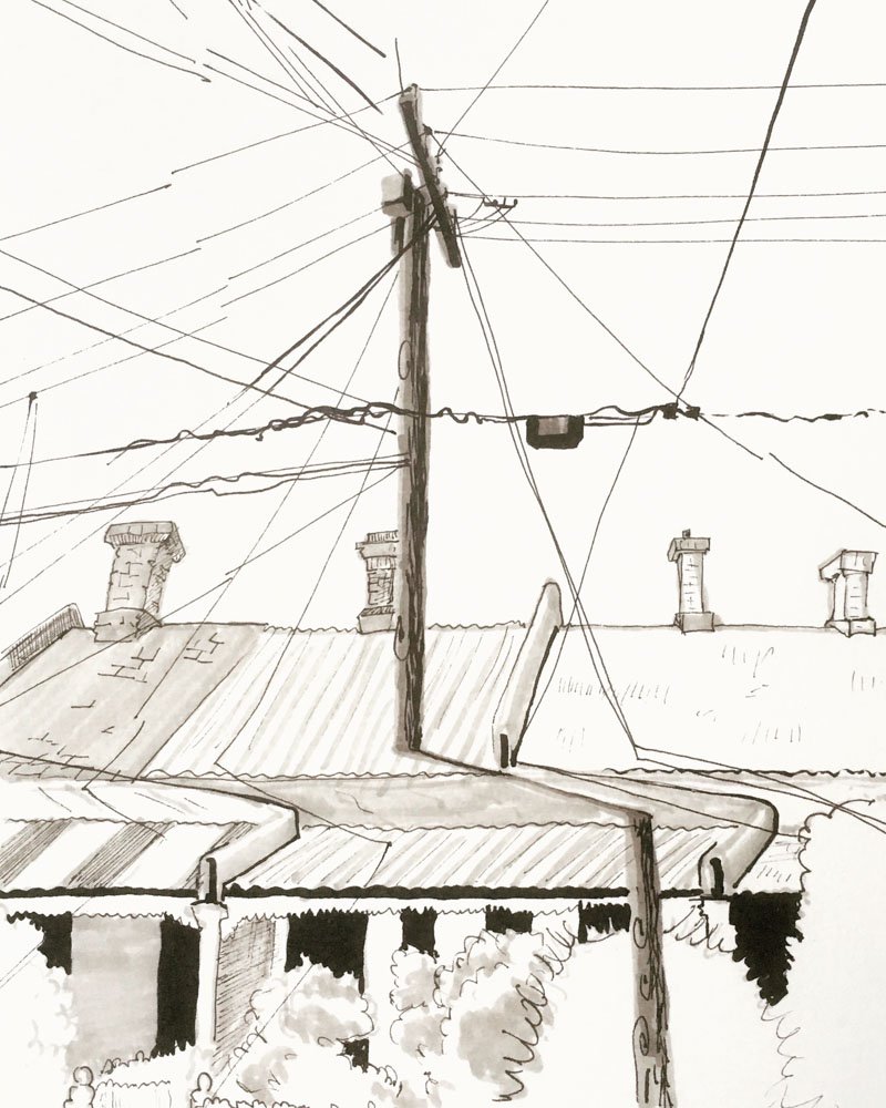 Experimental ink sketch of power lines of Melbourne's inner north, as viewed through the fragmented images of Google Street View. © Simon O'Carrigan, 2022.