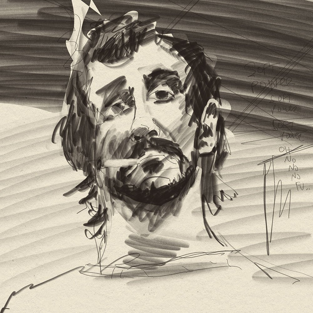 Digital charcoal pencil portrait study of Australian Musician Gareth Liddiard (of The Drones and Tropical F*ck Storm). Sketchbook drawing © Simon O'Carrigan, 2022. 