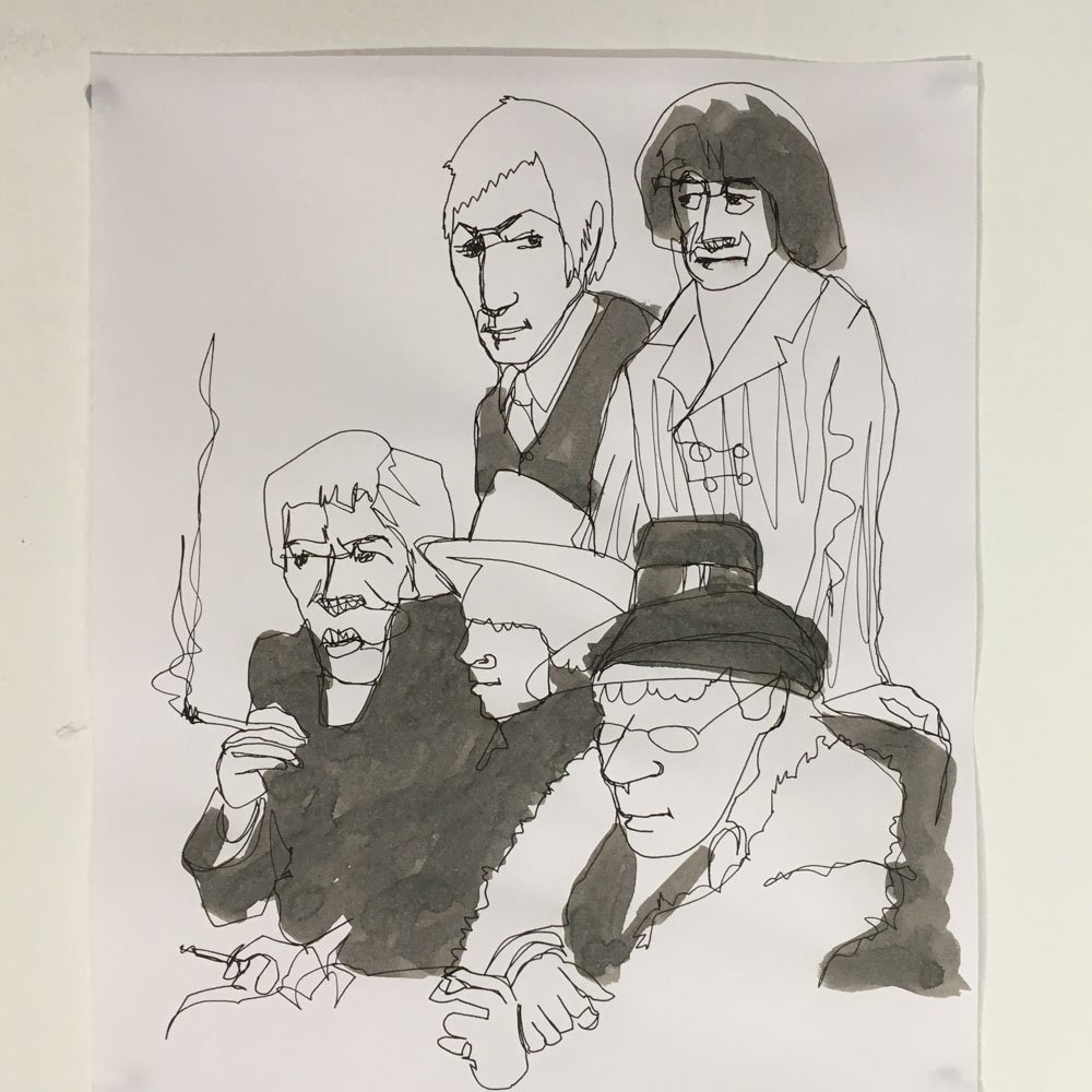 Experimental single continuous line drawing of The Rolling Stones. Sketchbook drawing © Simon O'Carrigan, 2022. 