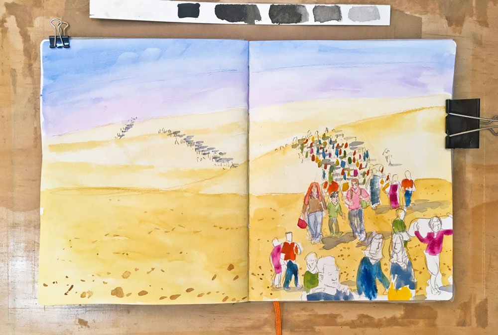 Early picture book design concepts sketched with ink and watercolour. © Simon O'Carrigan, 2022.