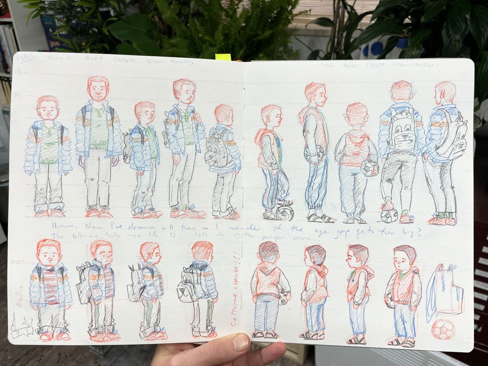 Early picture book character design concepts sketched with colour pencil. © Simon O'Carrigan, 2022.
