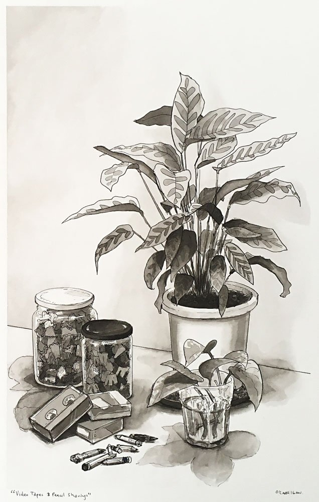 Ink drawing of pencil shavings in glass jars, mini DV tapes, pencil stubs, and plants. Artwork © Simon O'Carrigan, 2022.