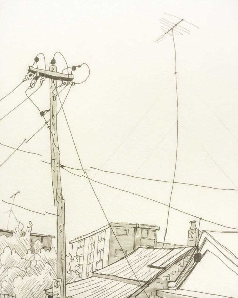 Experimental ink sketch of power lines of Melbourne's inner north, as viewed through the fragmented images of Google Street View. © Simon O'Carrigan, 2022.
