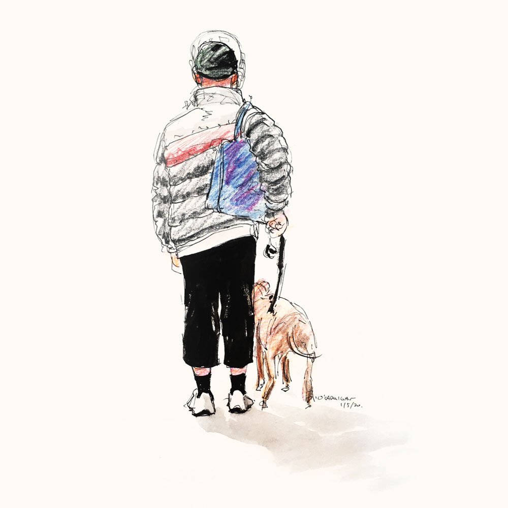 A colour pencil and ink sketch of a fashionable urban cyclist. From a sketchbook by Simon O'Carrigan.
