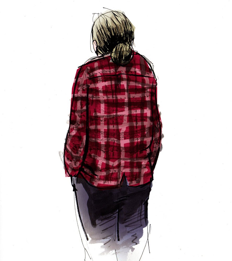 An ink sketch, with digital colour, of a man with long hair tied in a bun wearing a red flannel shirt. © Simon O'Carrigan 2022