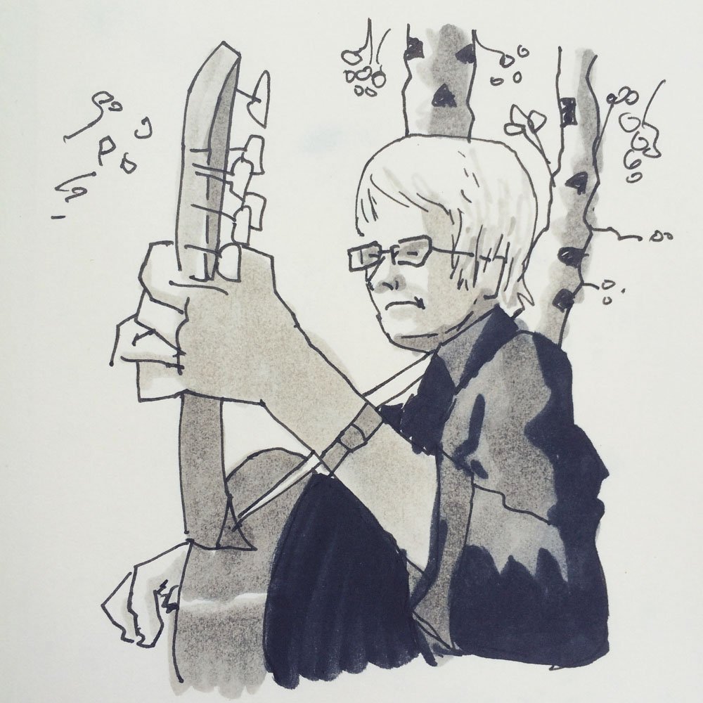 Portrait in pen and ink with Copic Marker, a study of a Heino album cover found at the op shop. Sketchbook drawing © Simon O'Carrigan, 2022. 