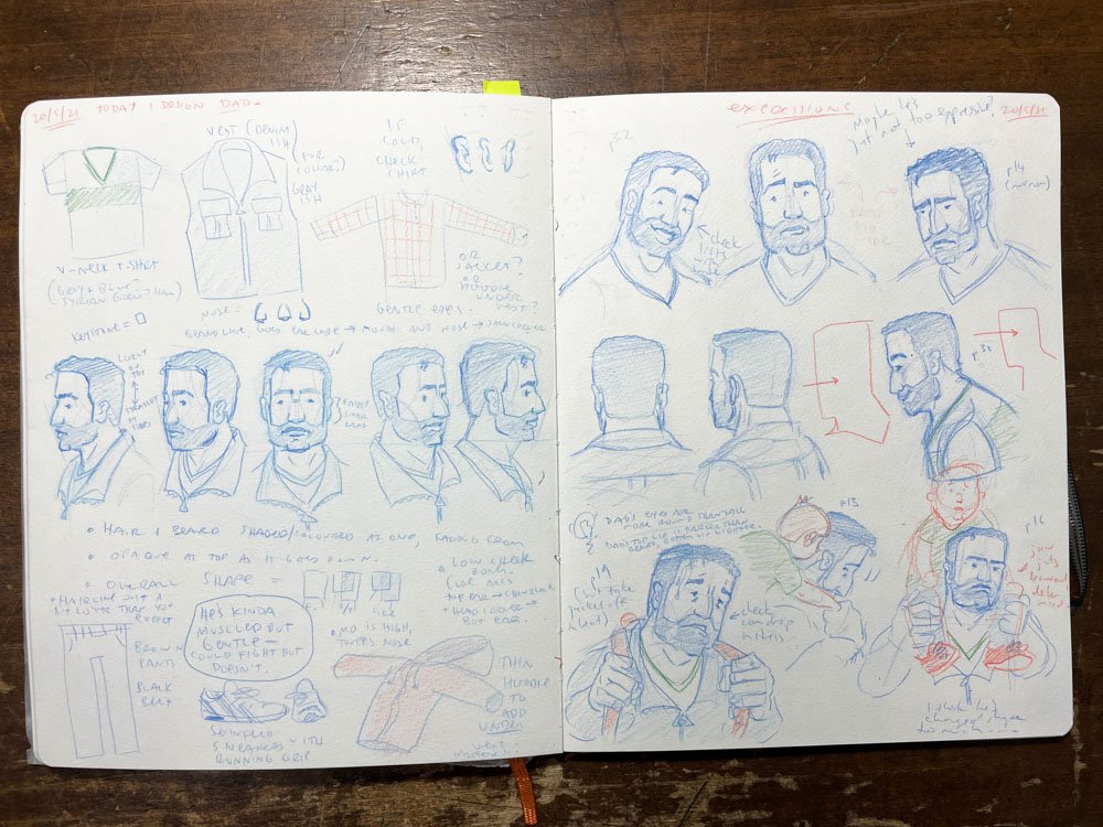 Early picture book character design concepts sketched with colour pencil. © Simon O'Carrigan, 2022.