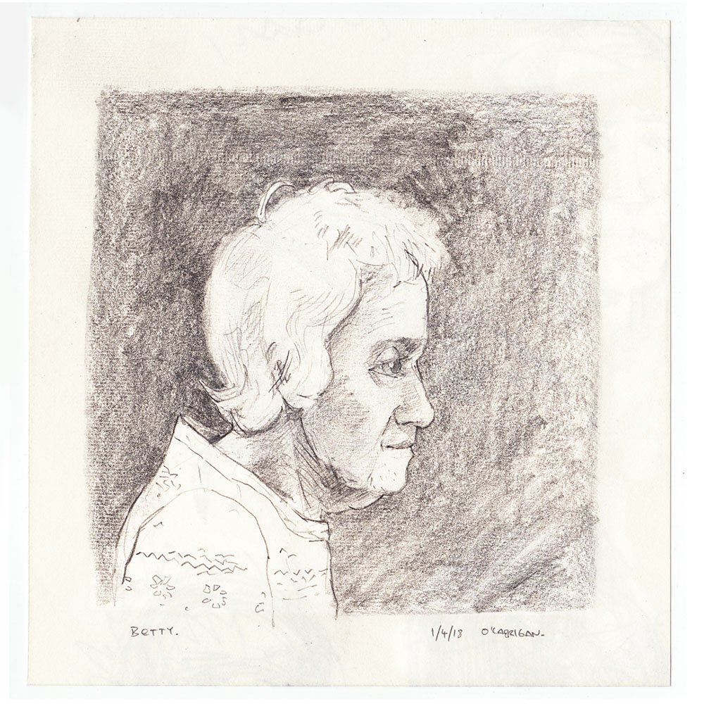 A pencil portrait of a wise senior woman with silver grey hair, drawn in profile. From a sketchbook by Simon O'Carrigan © Simon O'Carrigan 2022.