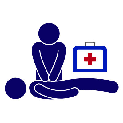 Icon showing a person performing CPR next to a first aid kit for a product safety pack