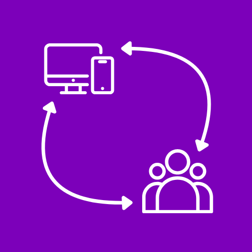 Icon with arrows between devices and people to represent hybrid babysitting childcare safety class