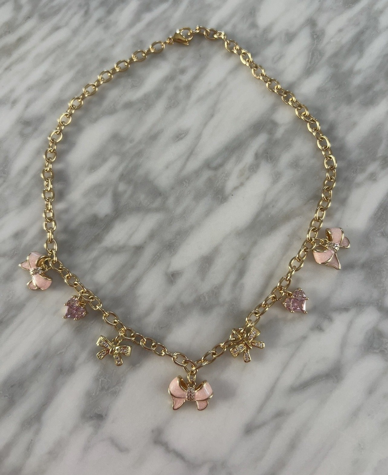 Girly Pink Bow Charm Necklace