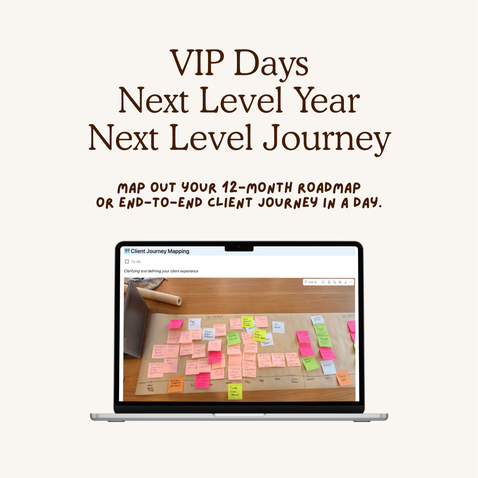 Graphic of a computer with post-it notes showcasing a client journey mapped out on butcher paper for a VIP Day workshop
