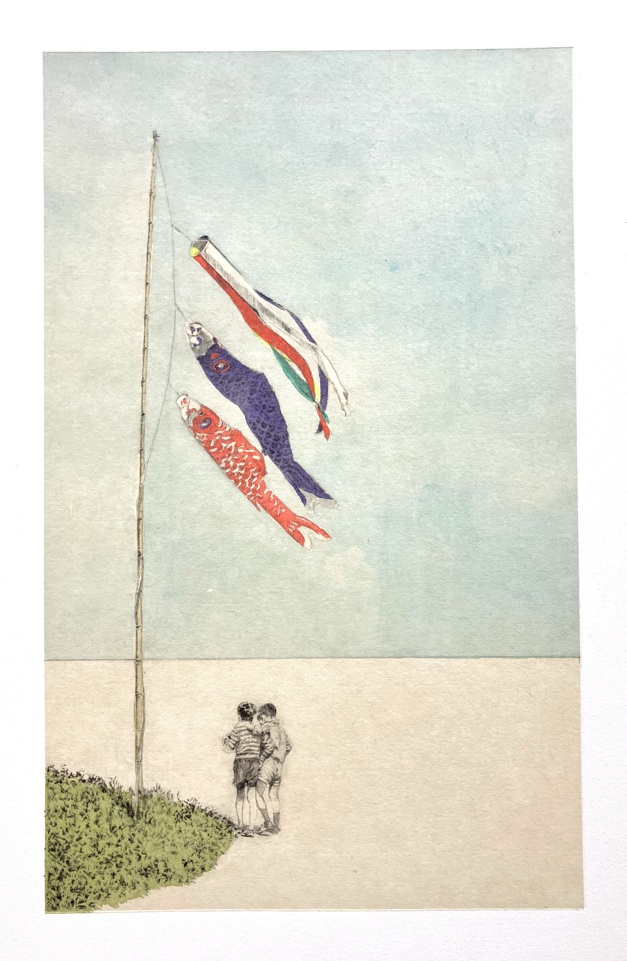 Felicity Warbrick 
Carp Flags 
Drypoint on painted kozo paper chine colle onto Fabriano 
Paper size 46 x 33 cm 
Image size 37 x 23 cm 
Variable edition of 6  
£ 480 framed 
£ 380 unframed