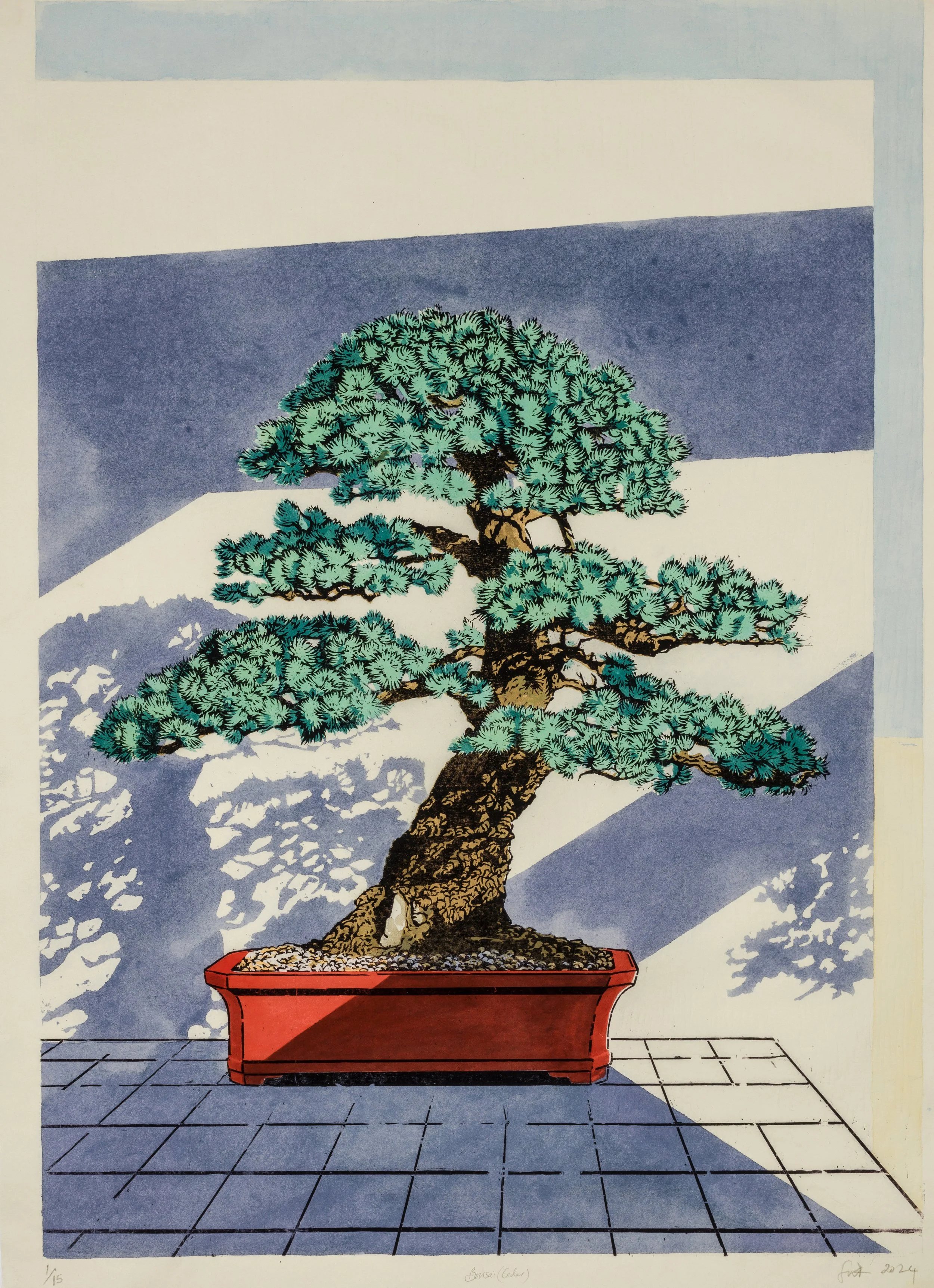Felicity Warbrick
Bonsai (Cedar) 

Woodcut on painted Japanese kozo paper. 
Image size 55x78cm
Paper size 59x82cm
Edition of 15
Framed size 69x92cm
£ 1,050 unframed
