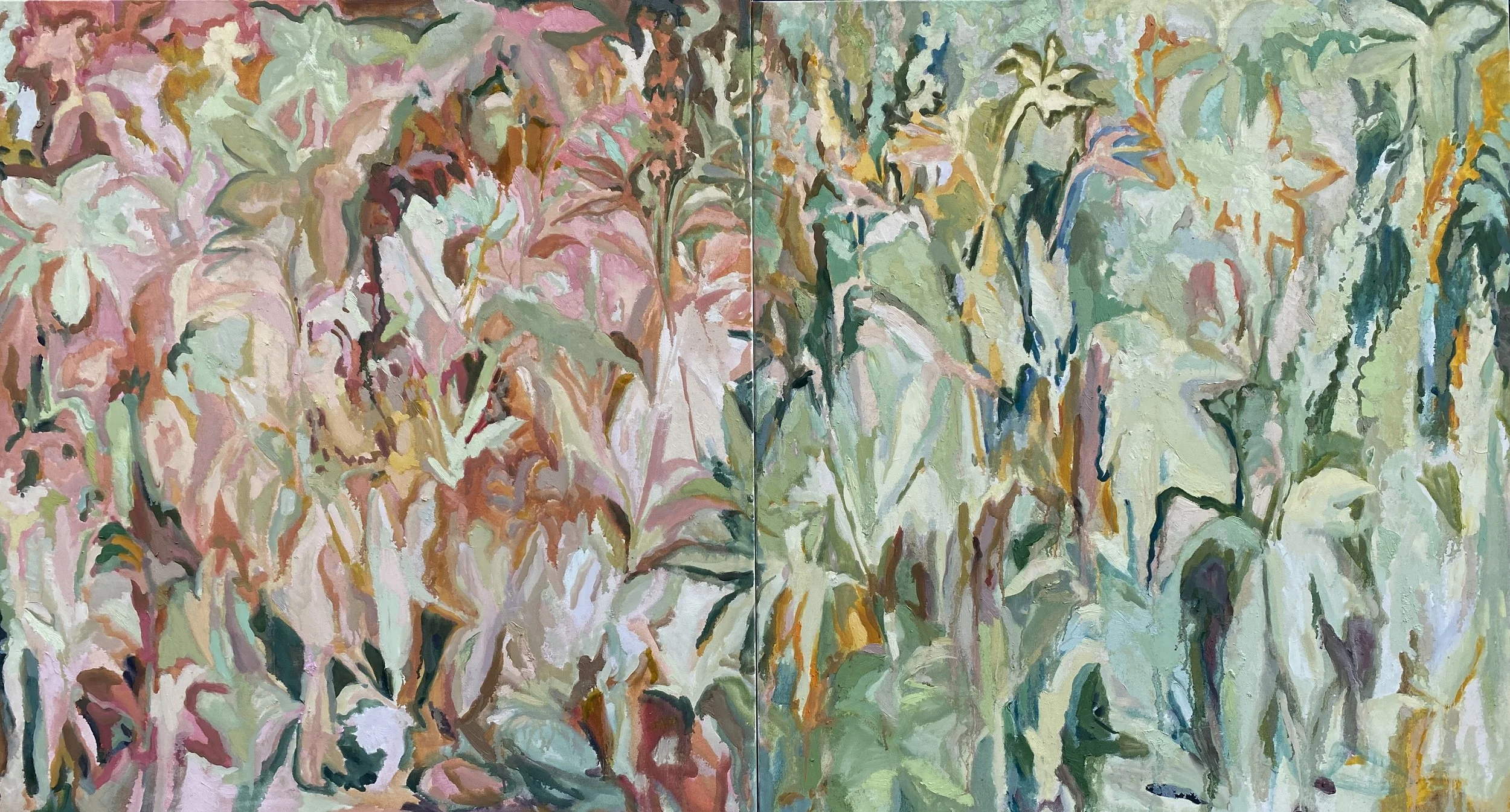 Beatrice Hasell-McCosh
No Worries If Not, (parts I & II) 2025, 244 x 132 cm, oil on canvas, 
£ 6,500

(available to buy as individual paintings of 122 x 132 cm each or a diptych for £ 11,000
