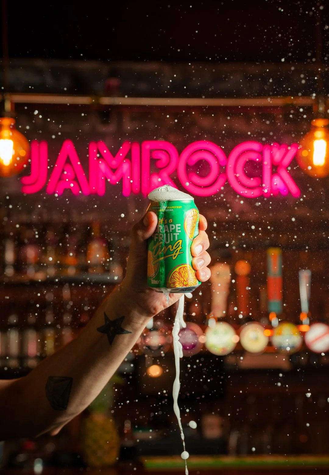A can of ting explodes, captured as part of a marketing campaign for Jamrock, by Leeds Food Photographer photoJMO