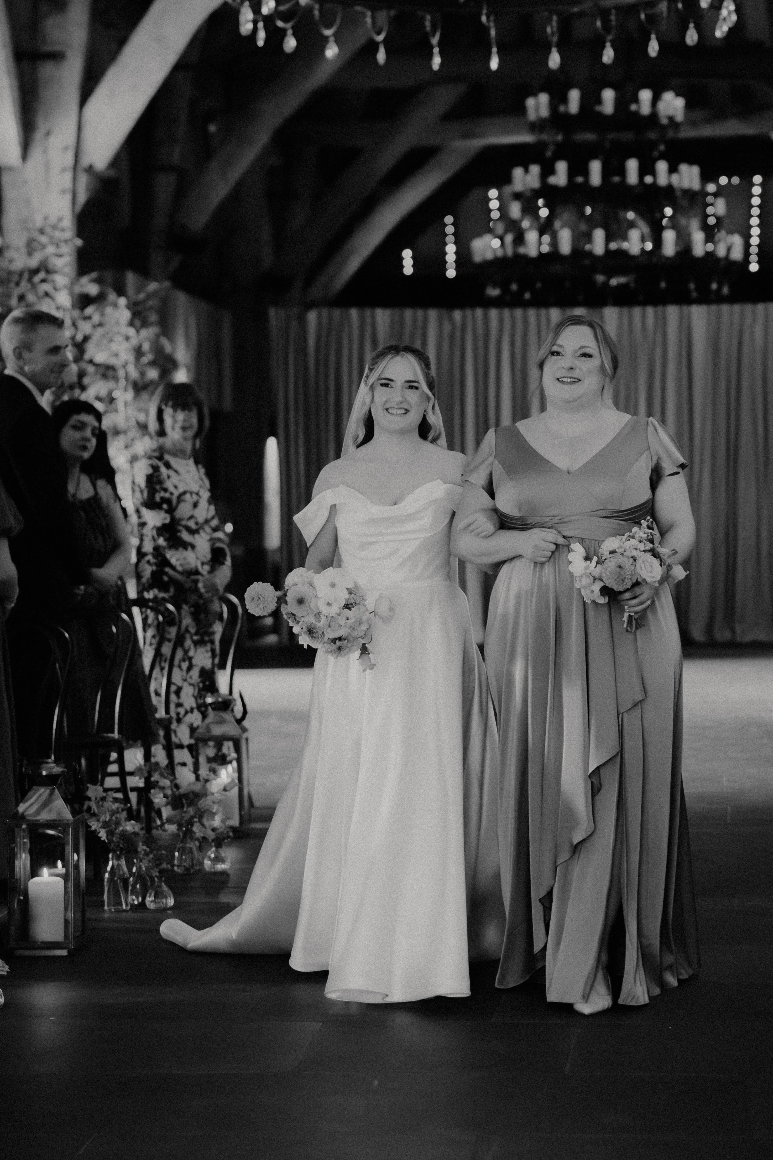 Tithe Barn Wedding Photography - Bride walking down the Aisle in Black and White