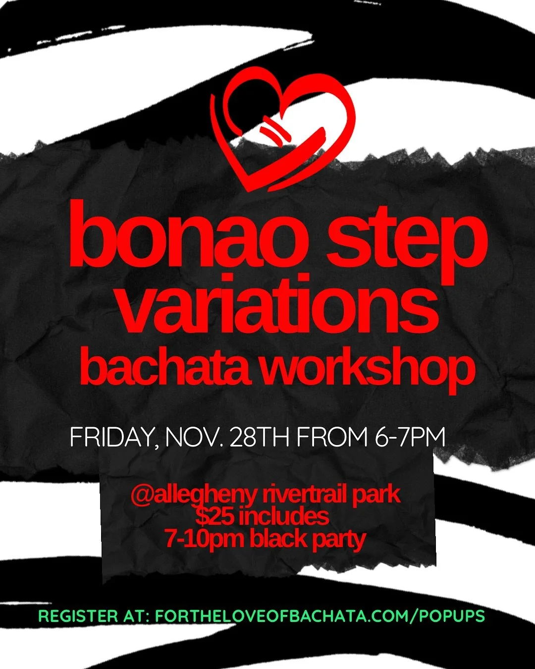📢NEW WORKSHOP ALERT!!📢

Bonao Step Variations 🇩🇴🎶
Friday, November 28th 

This is a guided musicality class that will help you:
- gain proficiency with a common Bachata step
- develop your sense of musicality (aka connection of music and movemen