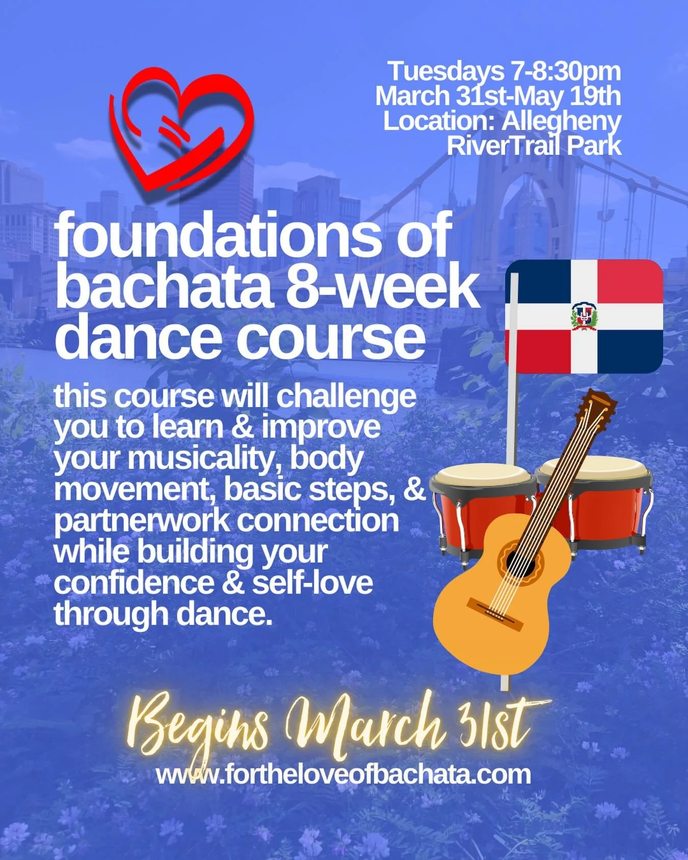 This class has everything you need to grow into the Bachata dancer of your dreams: foundations of dance and music, cultural context, mindset coaching, and a teaching methodology that works &mdash; yep, even if you have 2 left feet! 

8 Tuesdays, 90 m
