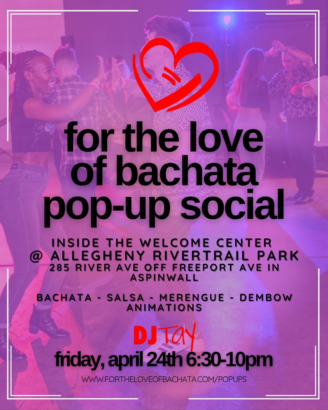 📌 FRIDAY, APRIL 24TH 

This social is dedicated to our love of Bachata, of course! Come enjoy and practice your newest Bachata 🇩🇴 skills with new and old friends. There will be a sprinkle of Merengue, Salsa, and super fun Dembow animations, too!

