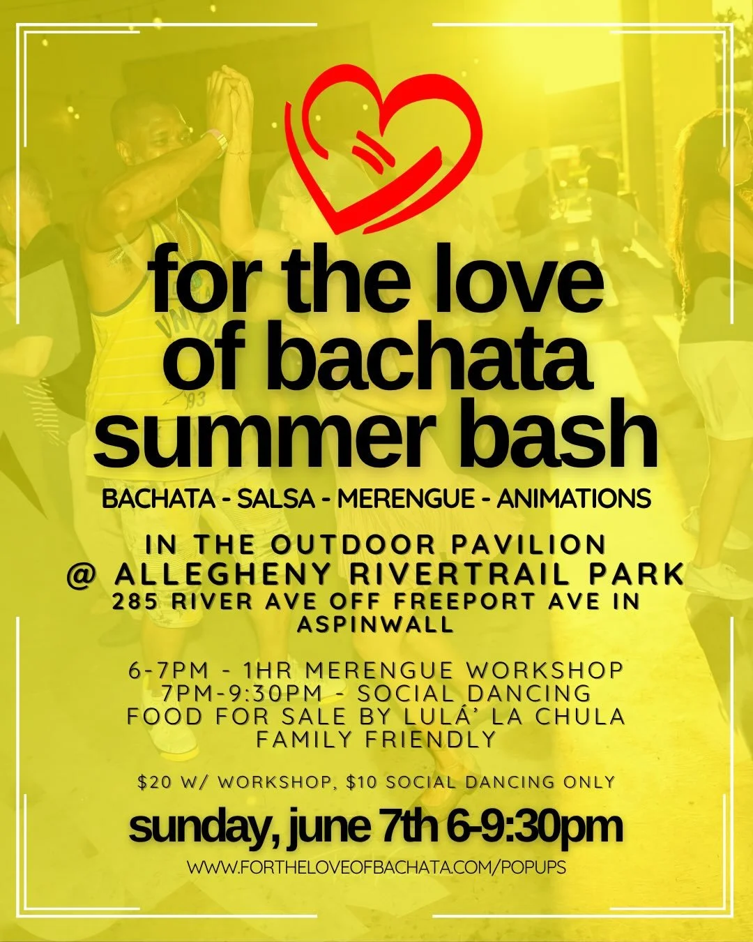 JUNE 7TH - FTLOB SUMMER BASH 

Come have a perfect Sunday evening ☀️✨

⏰ Time: 6pm Merengue workshop 
7-9:30pm social dancing 
📍Location: Outside at @alleghenyrivertrailpark in Aspinwall (Pittsburgh, PA)
🎶Music: Bachata, Salsa, Merengue, animations