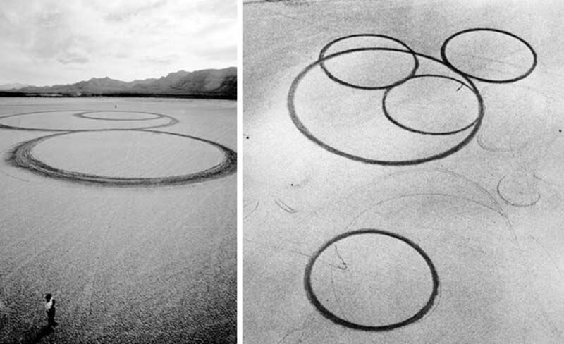 A bird eye view of Circular Drawings. This work has a striking likeness to crop circles. There is something fascinating and yet slightly uncomfortable about seeing a perfect circle in the natural environment.