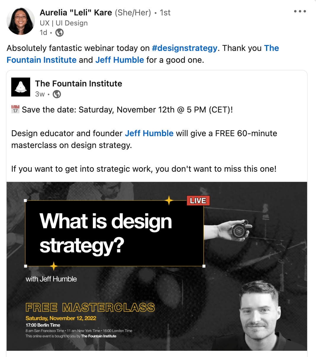 Webinar promotional graphic with text "What is design strategy?" showing a black and white background, a person's hand holding a compass, and a photo of Jeff Humble in the bottom right corner.