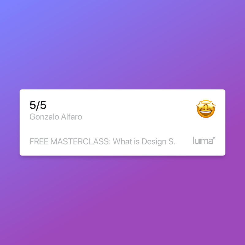 A notification on a screen showing a 5 out of 5 rating for Gonzalo Alfaro, with a smiling star-struck emoji, and a mention of a free masterclass about design.