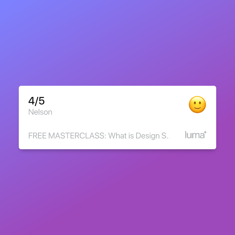 A progress card indicating 4 out of 5 completed by Nelson, with a smiling emoji, and a promotion for a free masterclass about design strategies, on a gradient purple background.