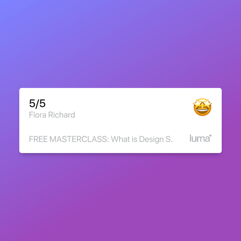 Notification on a device with a purple gradient background showing a 5 out of 5 rating, Flora Richard's name, a star-eyed emoji, and a message about a free masterclass.