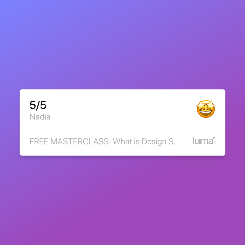 Notification badge with 5/5 rating, name Nadia, a happy emoji, and an invitation for a free masterclass.
